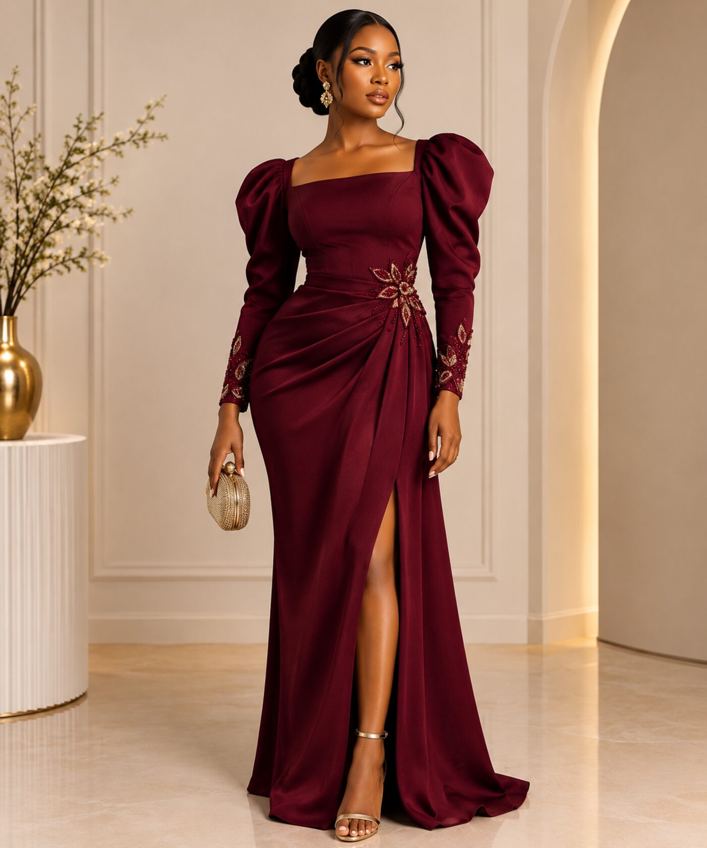Model wearing a Clara Loreva couture gown, The Burgundy Silhouette