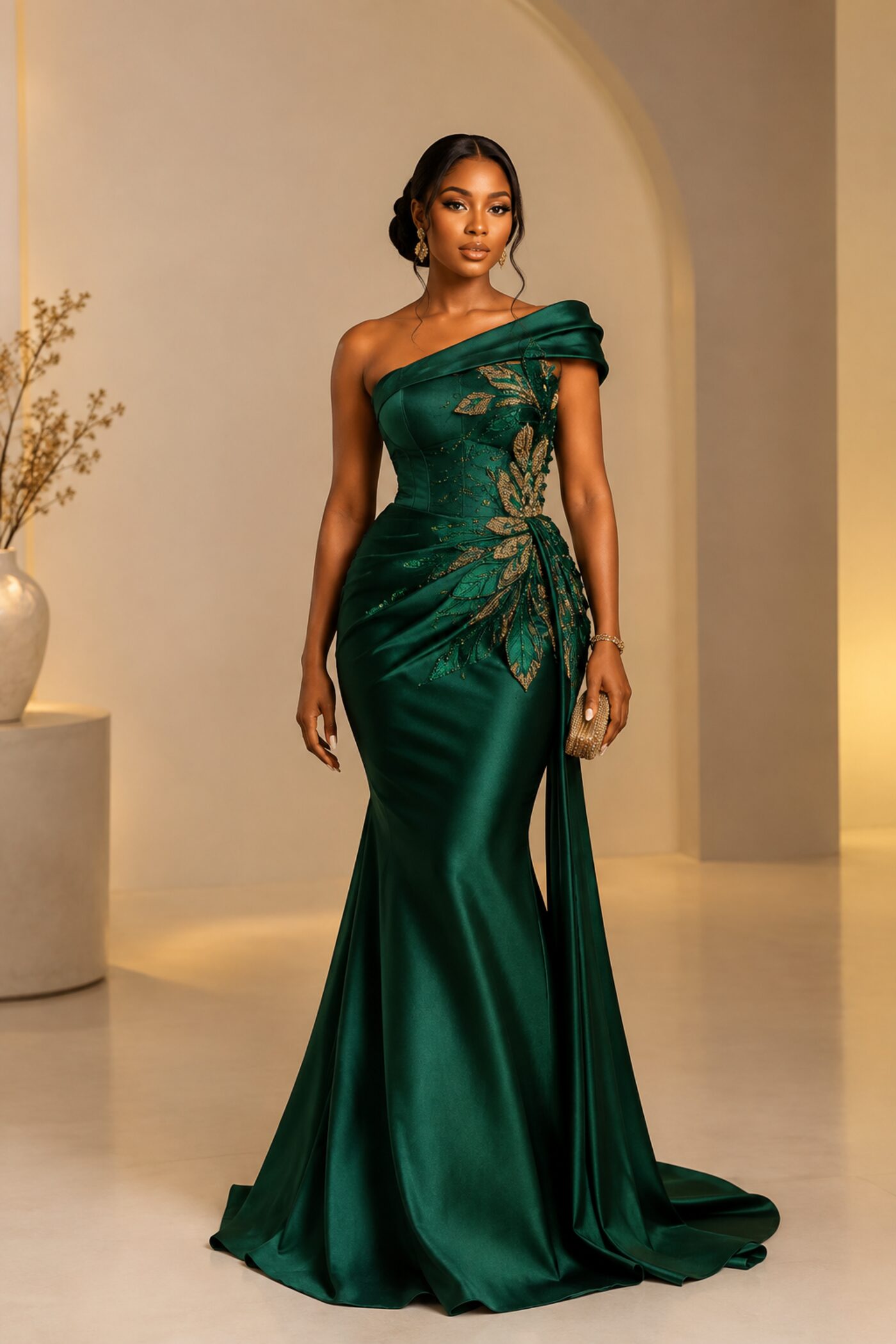 Model wearing a Clara Loreva couture gown, The Emerald Silhouette