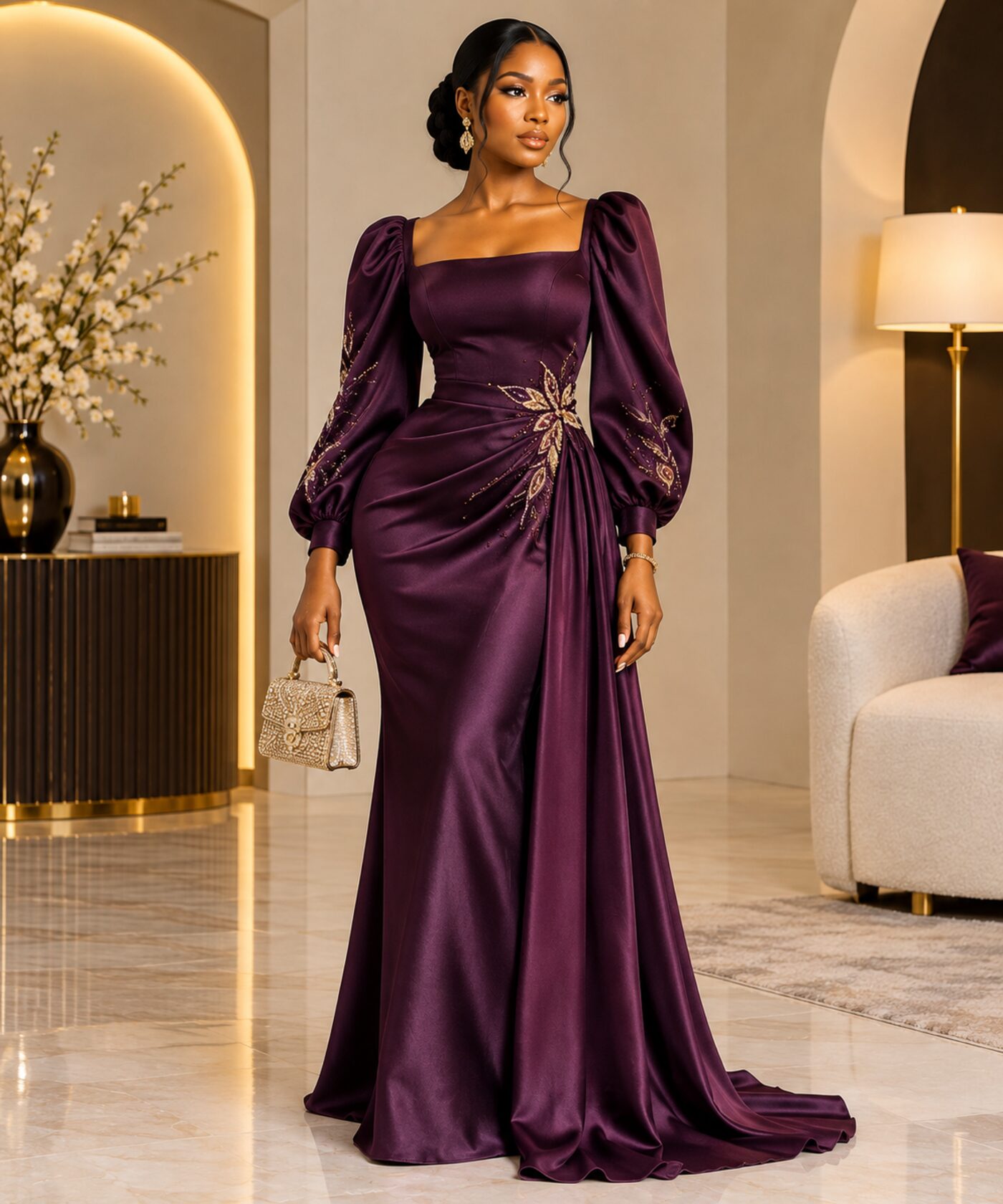 Model wearing a Clara Loreva couture gown, The Plum Silhouette